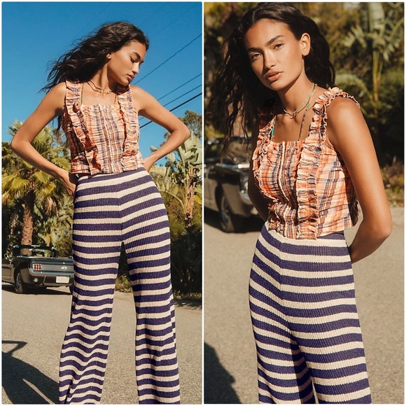 NWT ANTHROPOLOGIE FLAT WHITE STRIPED KNIT PANTS IN NAVY - Picture 1 of 10